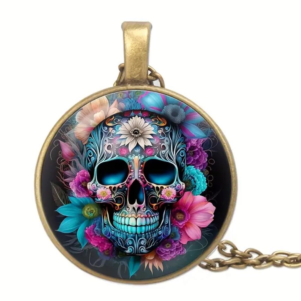 Sugar Skull Colorful Pendant Punk, Halloween Cabochon Badass Bronze Necklace